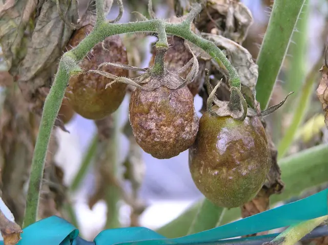 Green tomatoes with brown, greasy blight patches on a collapsing plant